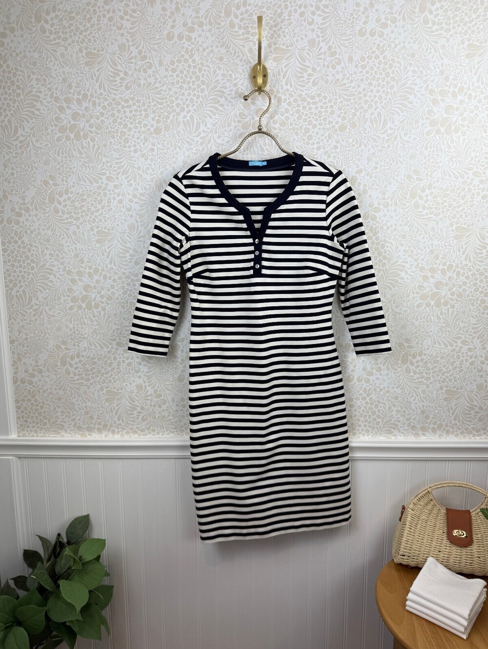 J. McLaughlin Dark Navy & White Striped 3/4 Sleeve Lynn Henley Dress - Size - XS